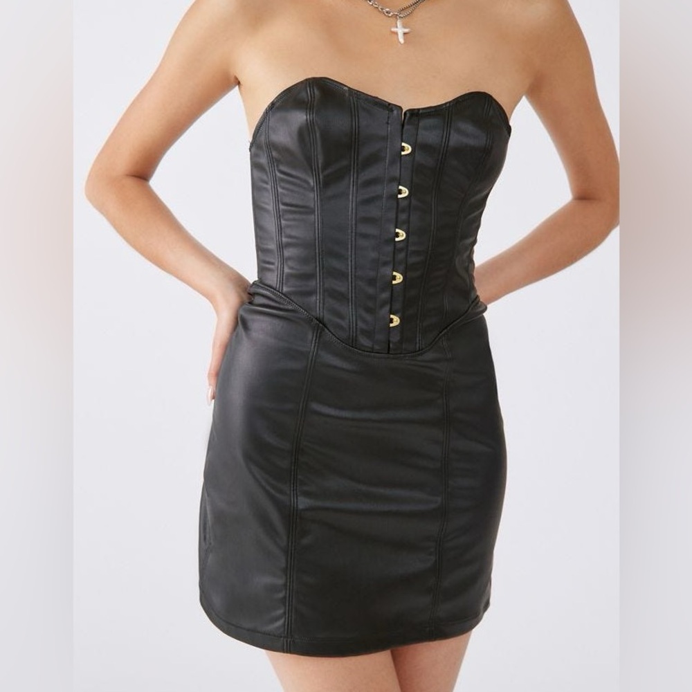 Urban Outfitters black leather strapless corset dress